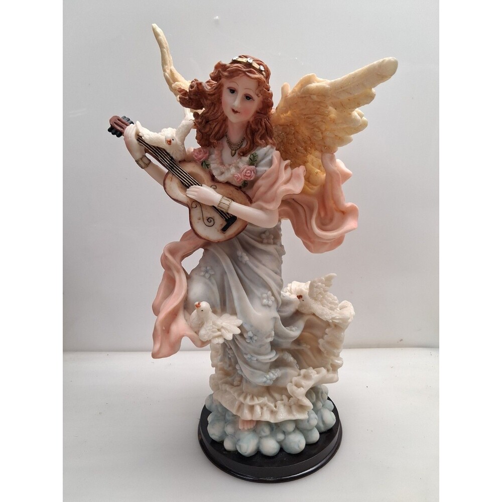 Vintage Porcelain Angel Playing a Guitar W/ Doves & Beautiful Wings